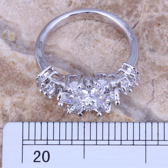 Glittering White CZ Silver Plated Stamped Flower Ring Size 6 / 7 / 8 / 9 R0169