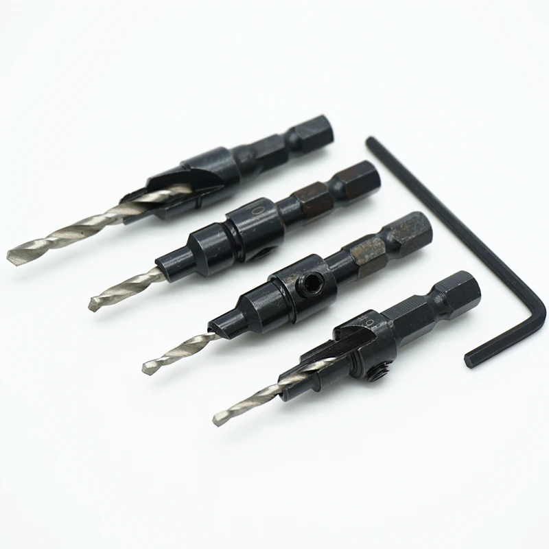 Brocas avellanadas HSS 1/4, vástago hexagonal, herramienta de Tapper para carpintería, Agujero Piloto de madera, tamaño #6 #8 #10 #12, con una llave, 4 piezas