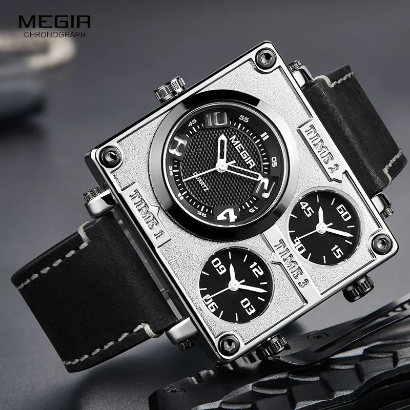 MEGIR Multi Time Zones Quartz Watches Men Top Brand Luxury Relogios Masculino Square Dial Leather Army Sport Wristwatch Man2069g