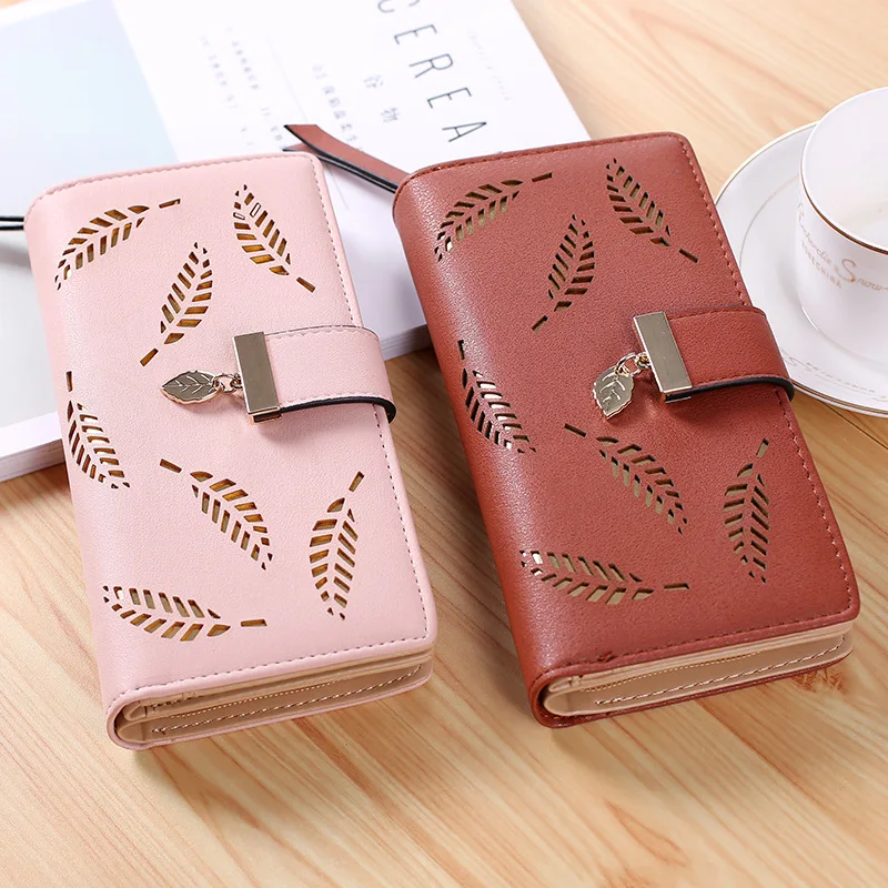 

2019Women Wallet Purse Female Long Wallet Gold Hollow Leaves Pouch Handbag for Women Coin Purse Card Holders