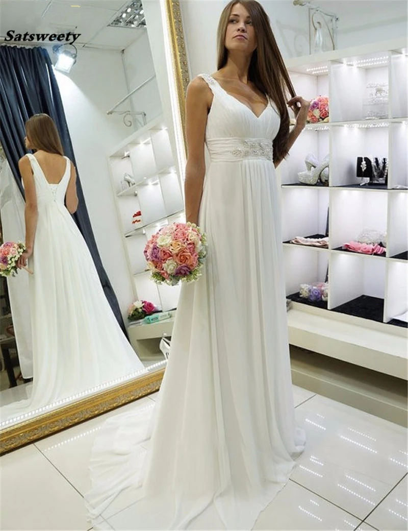 Vestido De Noiva Sexy V neck Cheap Beach Wedding Dresses white Chiffon beading Robe De Mariage Bridal gown