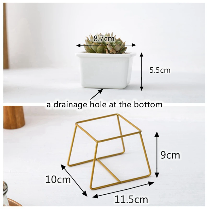 Pack of 2 Original Trapezoid Ceramic Flower Pots with Iron Stands Porcelain Planters for Succulents Home Office Table Decor