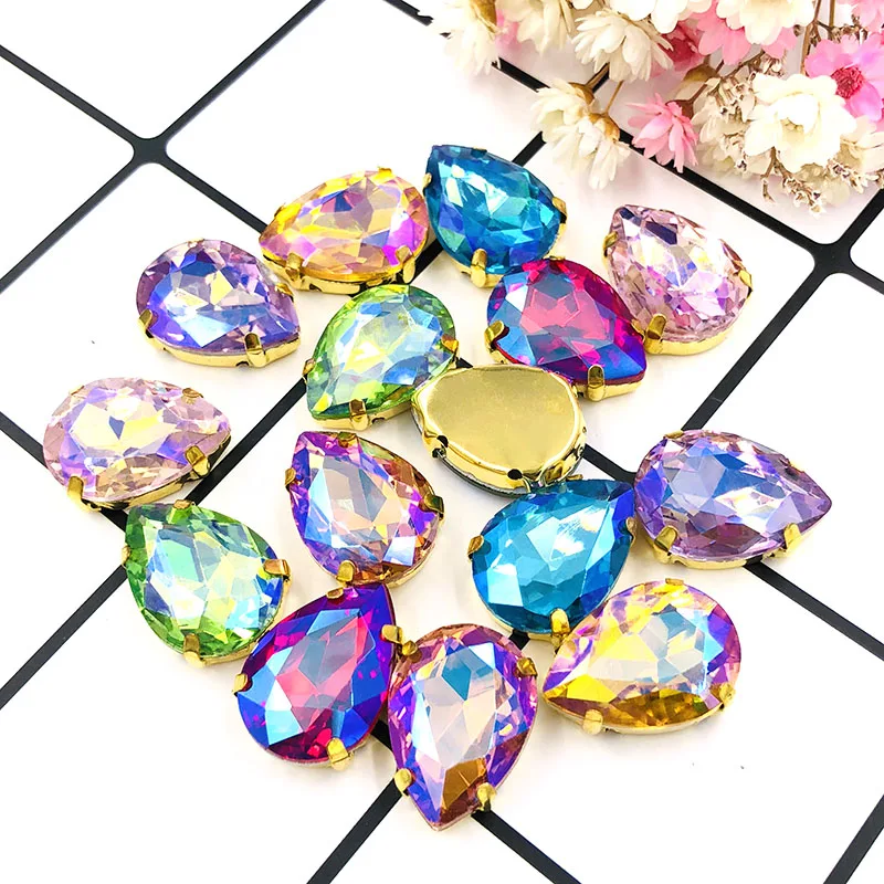 New arrival Teardrop Glass rhinestones crystal gold base flatback sew on rhinestones with claw for DIY clothing Accessories