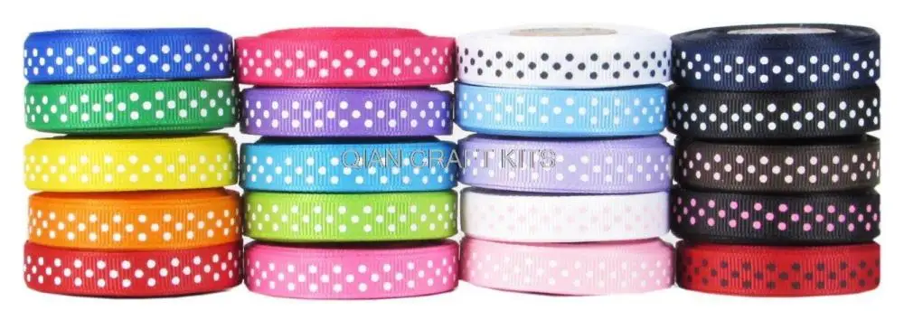 300yards 10mm mixed colors Polka Dot Printed Swiss dot printed grosgrain ribbon & Fabric Tape Value Pack for hair bows