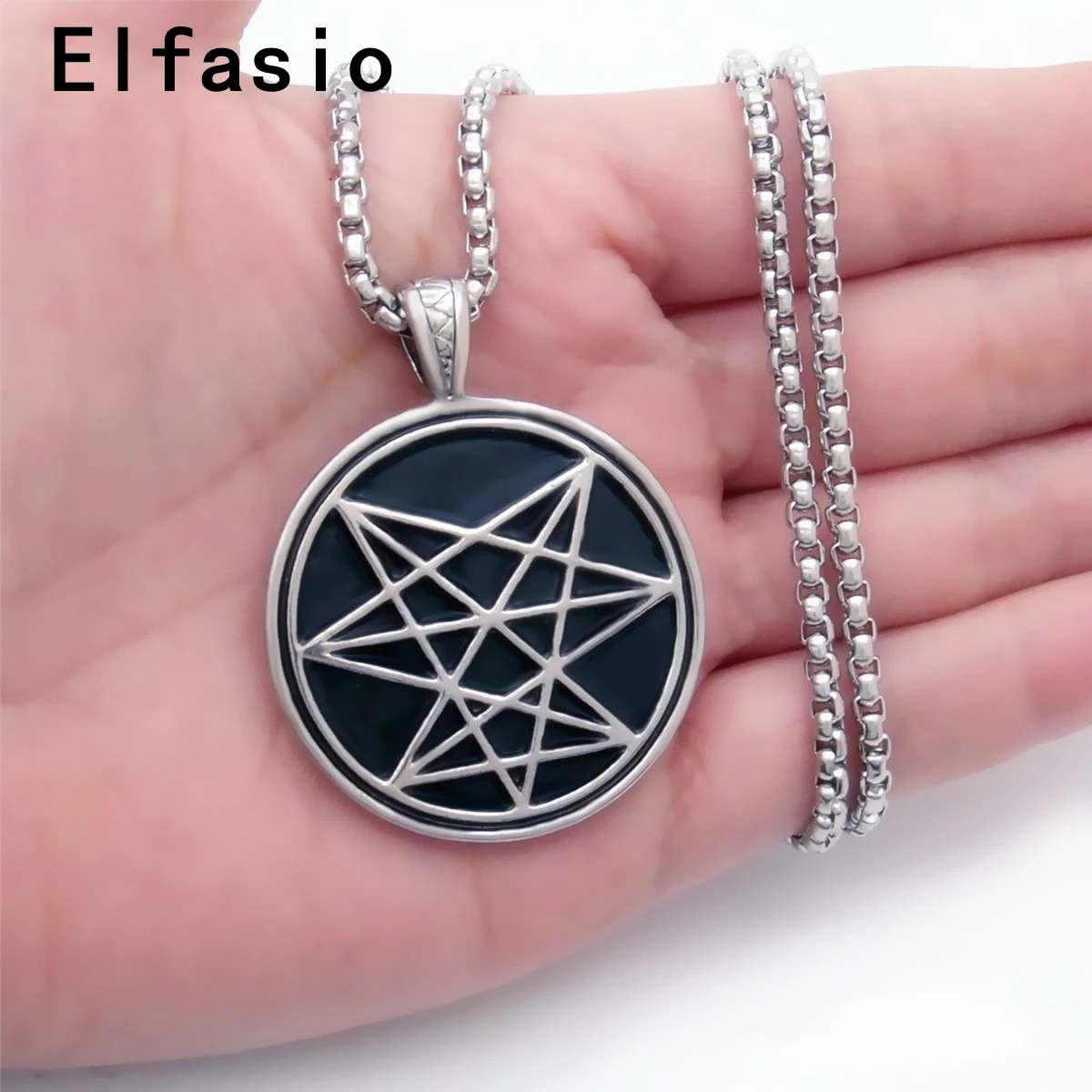 Mens Boys Black Chaos Star Symbol Amulet Pewter Pendant with Stainless steel Chain Wholesale Jewelry P304