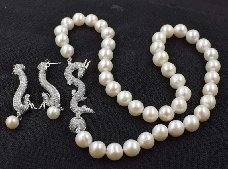 

white near round 10-11mm freshwater pearl necklace earrings dargon clasp 18inch wholesale beads nature FPPJ woman