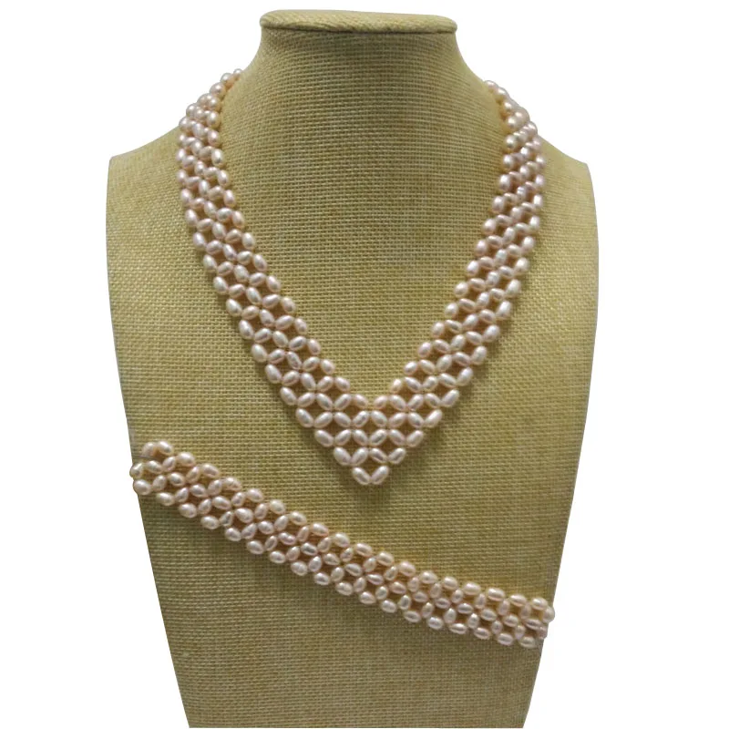 

16 inches Natural Pink 5-6mm High Luster Rice Pearls Necklace and 7 inches Braided Bracelet Jewerly Set