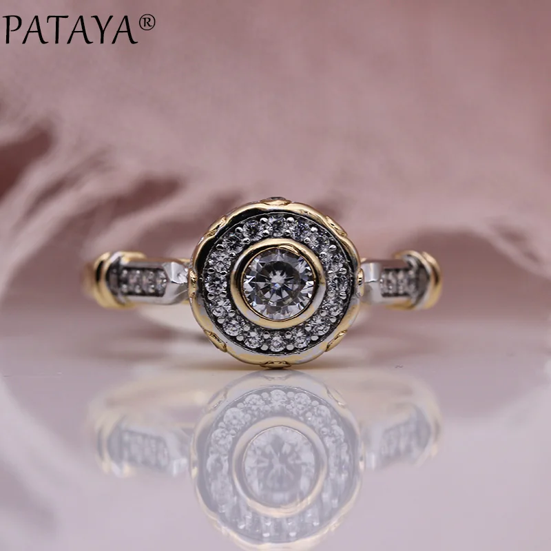 PATAYA New 585 Rose Gold Color Lovely Carved Natural Zircon Rings Women Fashion Jewelry Wedding Fine Craft Hollow Round Ring