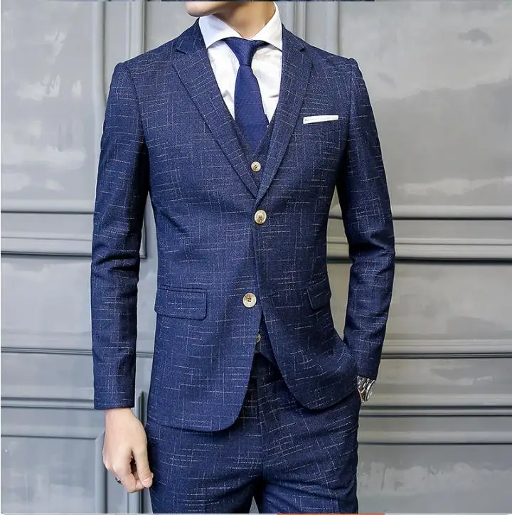 

Two Buttons Men Slim Fit Suits Wedding Business Suits For Men Formal Casual Tuxedos Plaid Stripe Suits 3 Pieces Jacket Vest Pant