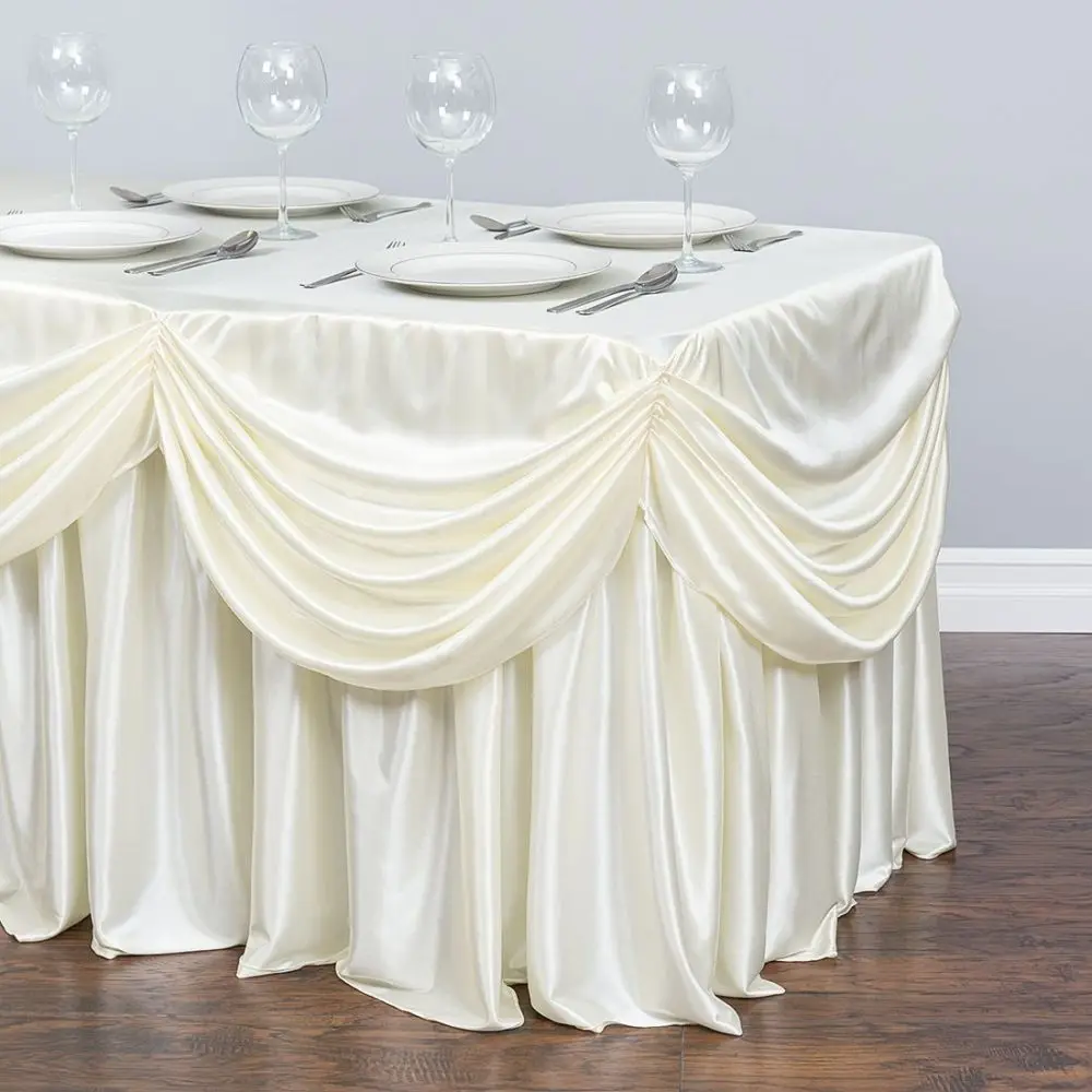 6 FT. DRAPE CHIFFON ALL-IN-1 TABLECLOTH/PLEATED SKIRT WHITE ICE SILK TABLE SKIRT FOR WEDDING PARTY BANQUET