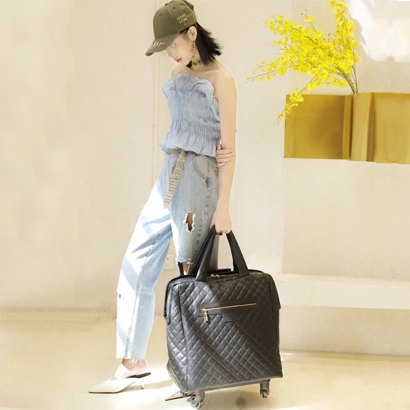 Women's suitcase 100% PU light portable travel trolley bag small rolling luggage female brand boarding 18 inch handbag