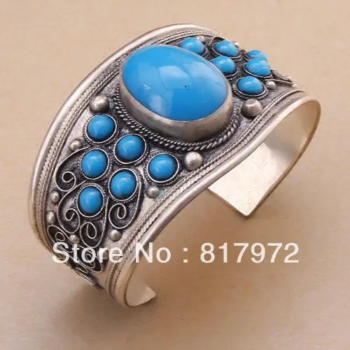 

Charm stone howlite blue bead beaded tibet silver vine engraved totem cuff bracelet Adjustable Gift &6YB00002