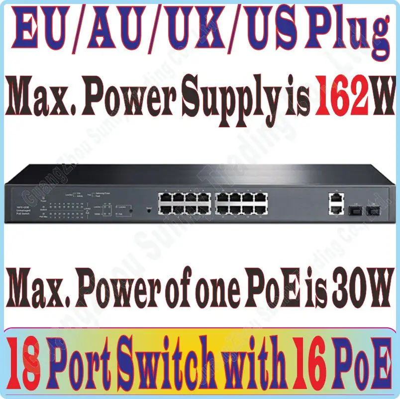 

Max PoE 162W, 18 Ports PoE Switch with 16 POE ports supplys power to IP Camera, WiFi AP, with 2* RJ-45 Gigabit Port, 2* SFP port