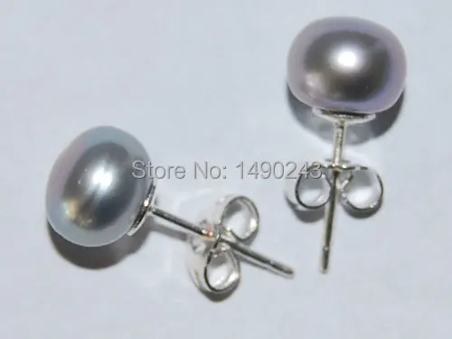 8-9mm Silver Gray Natural Button Pearl 925 Sterling Silver Stud Earring