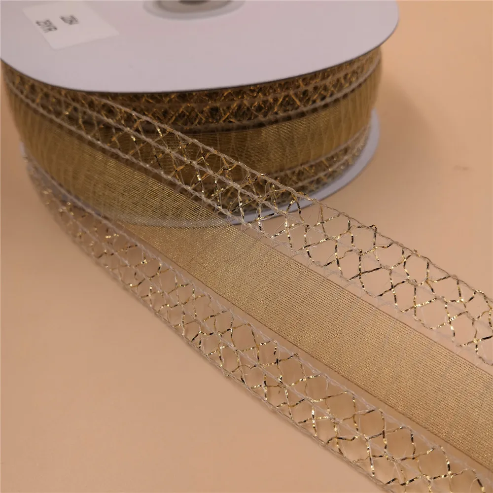 38MM X 25yards Wired Edged Net Gold Metallic Ribbon for Gift Box Wrapping Christmas Decoration N2264