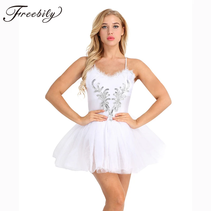 Vestido de collant feminino sem mangas, preto, cisne branco traje de dança, lantejoulas, malha Tutu, ginástica bodysuit, bailarina dancewear