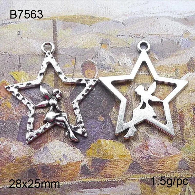 50pcs/lot 28x25mm Zinc Alloy Antique Silver Star Elf DIY Charms Pendants