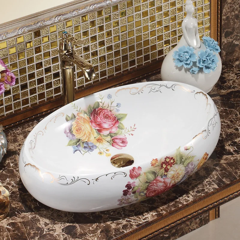 

Rose Oval Jingdezhen Bathroom ceramic sink wash basin Counter Top Wash Basin Bathroom Sinks oval lavatory sink