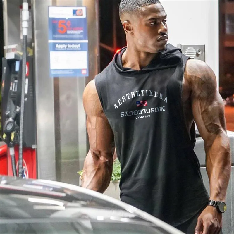 Muscleguysジムベストメンズ綿パーカースウェットフィットネス服ボディービルのタンクトップ男性ノースリーブtシャツシャツtanktops