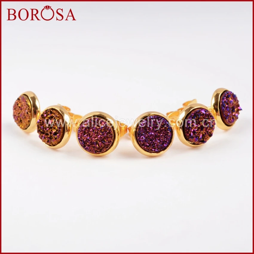 

BOROSA 8mm Studs Natural Quartz Crystal Earrings Rainbow Titanium For Women Girl Fashion Golden Color Wedding Party Jewelry