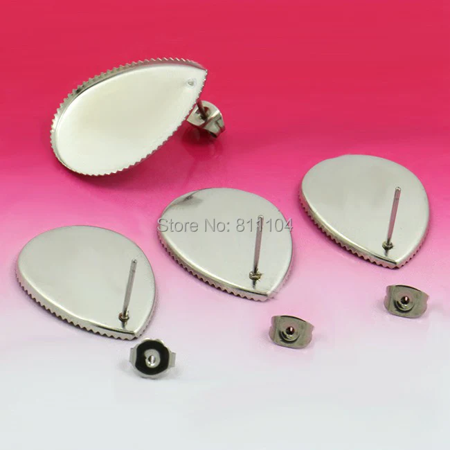 Blank Stainless Steel stud Earrings Bases with 18x25mm teardrop Bezel Cabochons Settings Earrings post with Stoppers Findings