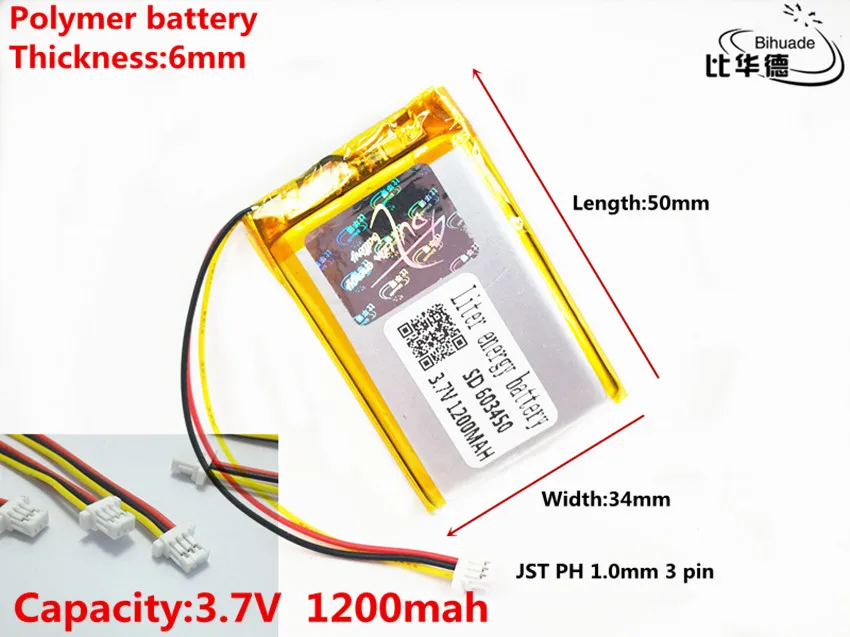 JST PH 1.0mm 3 pin Good Qulity 3.7V,1200mAH 603450 Polymer lithium ion / Li-ion battery for tablet pc BANK,GPS,mp3,mp4