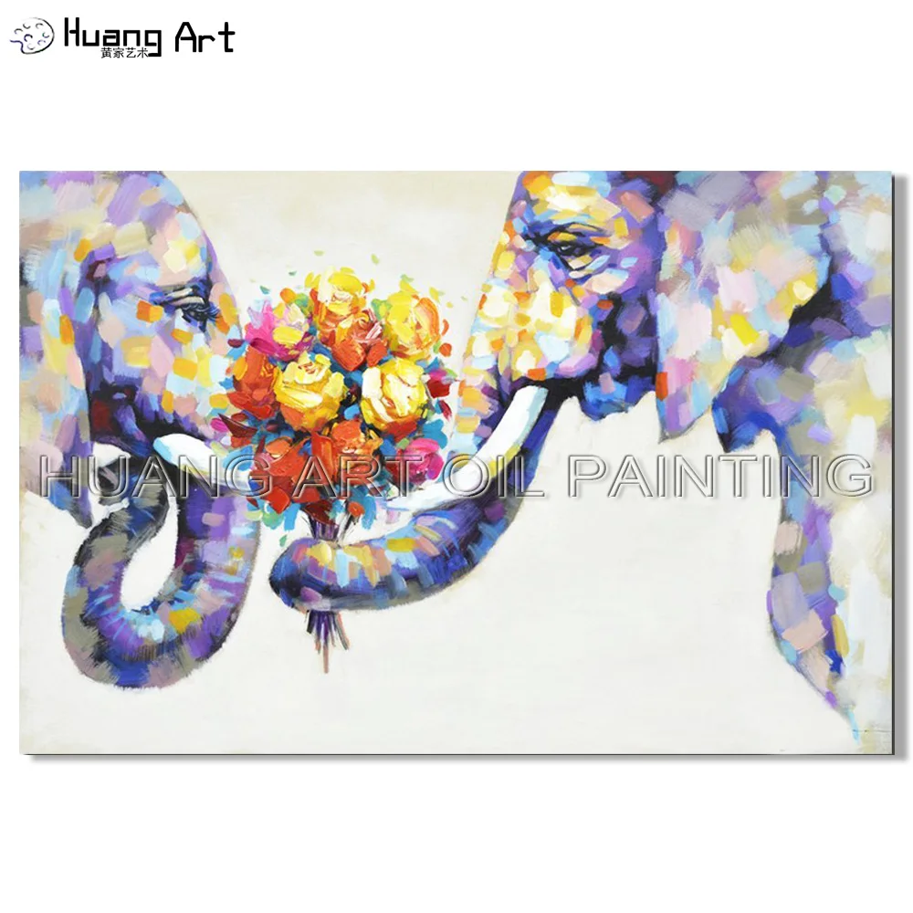 Pure Hand Painted Romance Elephants Textured Oil Painting on Canvas Knife Modern Love Animal Acrylic Painting for Room Decor