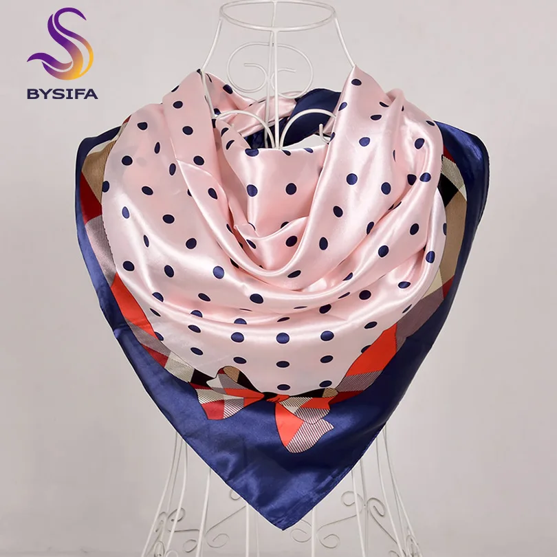 [BYSIFA] Women Scarf New Black Beige Silk Square Scarf Shawl Ladies Dot Prin Winter Scarves Bandana Spring Fall Head Scarfs Blue