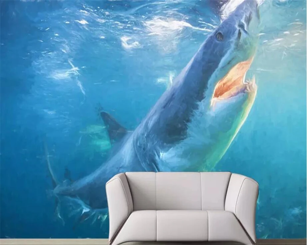 Beibehang Custom wallpaper 3d papel de parede photo mural hand painted shark underwater world TV background wall paper 3d mural