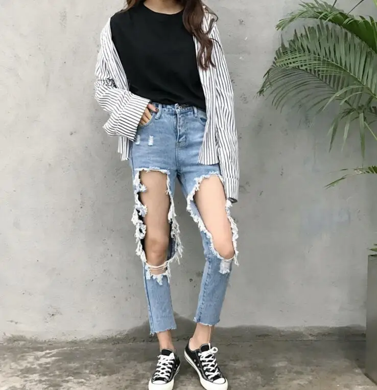 

Knee Hole Ripped Cool Skinny Pencil Pant Girl Sexy Denim Jeans Female Destroy Trousers Mujer Large Plus size S-XL Women BF Style