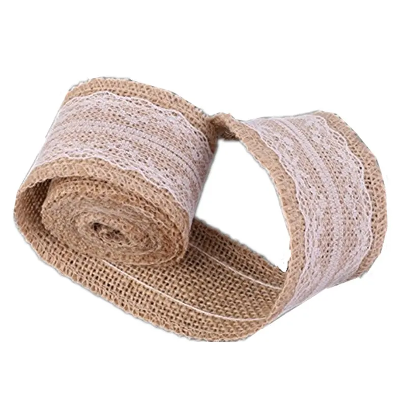 Natural Jute 2m Burlap Hessian Ribbon with Lace Detail,  5cm Widths Party Wedding Decoration Lace Trim  AA8002
