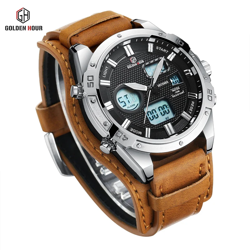 GOLDENHOUR Top Brand Mens Watches Fashion Casual Quartz Wristwatch Male Waterproof Military Leather Business Relogio Masculino