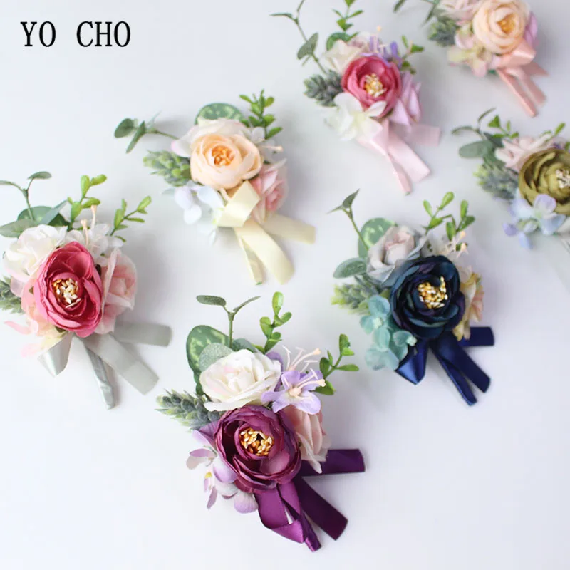 YO CHO Handmade Long Ribbon Mini Silk Rose Wedding Wrist Flowers for Bridesmaid Wrist Corsage Bracelet Groom Boutonniere Corsage