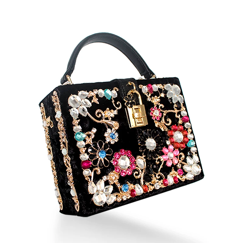 Bolso de noche para baile de graduación a la moda, bolsa de embrague con flor de diamante, con relieve hueco de acrílico/PU, con cerradura de boleta, de lujo, bolso de banquete, bolso de fiesta