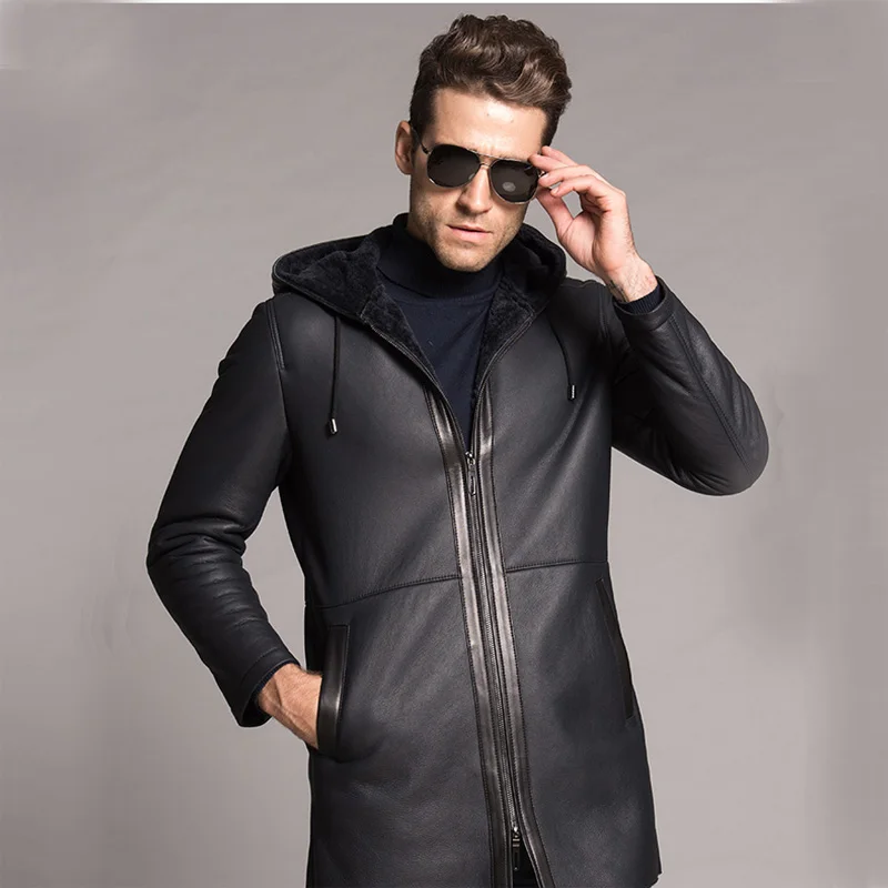 Denny&Dora New Men's Winter Shearling Coat Warm Hooded Leather  Jacket Long Outerwear Luxury Sheepskin Overcoat Tj11