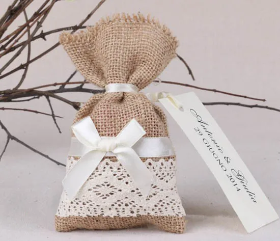 Burlap Coffee beans Bag Lace  Burlap Bag Natural Hessian Gifts Bags for wedding party supplies free shipping 50pcs/lot