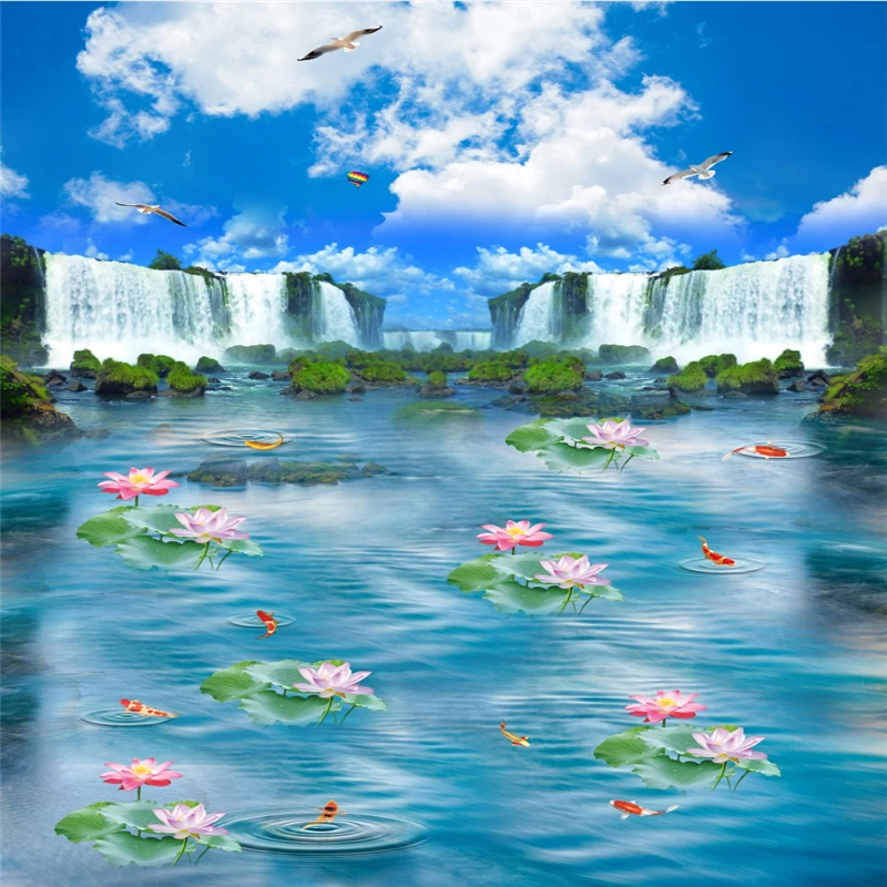 

beibehang Blue sky waterfall lotus carp bathroom kitchen walkway 3D floor custom made large fresco pvc waterproof thick film