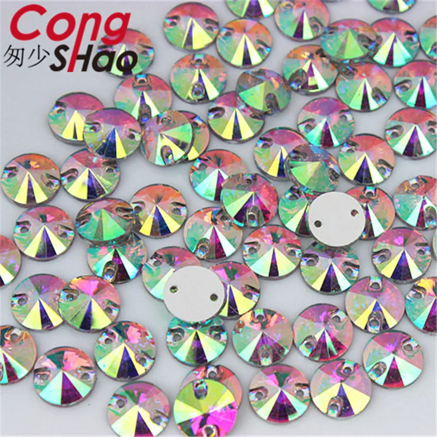 Cong Shao 10/12/14mm Crystal AB / Clear AB Flat Back Round Resin Rhinestone Trim Sew On Stones 2 Hole DIY Wedding Dress YB300