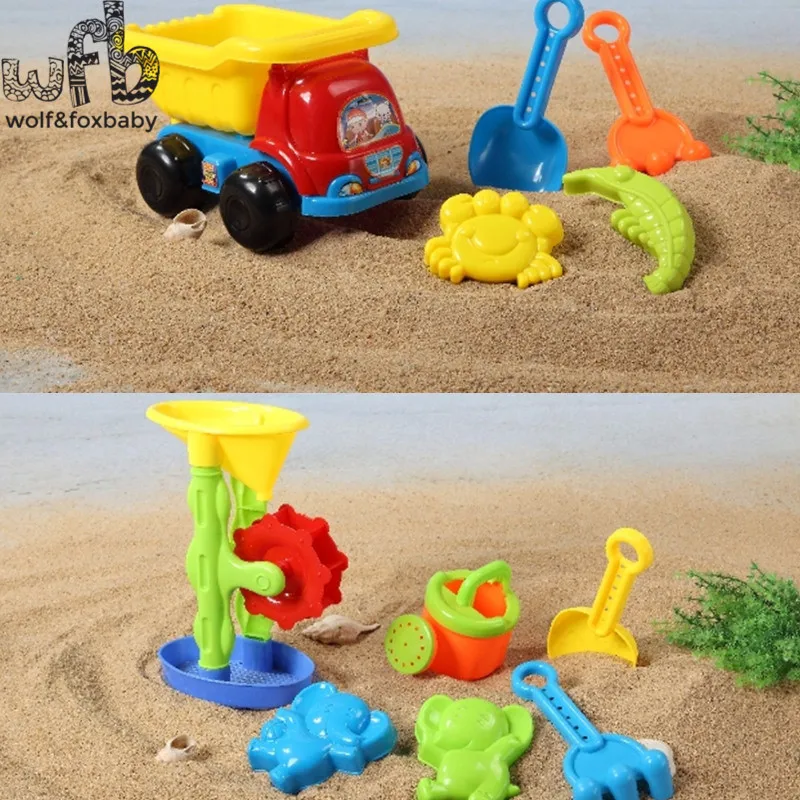 

6pcs/set 25*15*16cm 2 patterns Cute Kids beach plastic toys children toy set dune Sand Beach Toys Bucket Spade Mold Tools summer