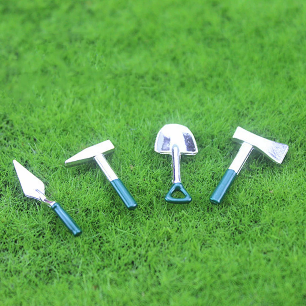 4Pcs 1/12 Dollhouse Miniature Accessories Mini Metal Shovel Axe Spade Hammer Set Simulation Tools Toy for Doll House Decorcation