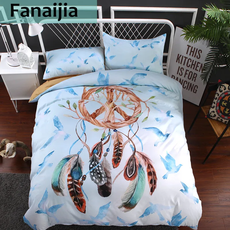 Fanaijia Bohemian Dreamcatcher Bedding Set Queen Size Feathers Duvet Cover White Bed Set Beautiful Bed Linen AU