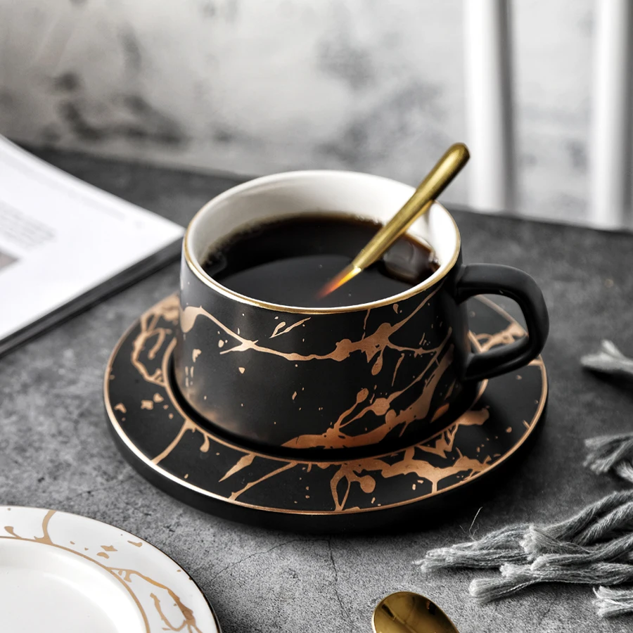 MUZITY Ceramic Coffee Cup And Saucer Creative Golden Design Porcelain Tea Cup Set With Stainless Steel 304 Spoon