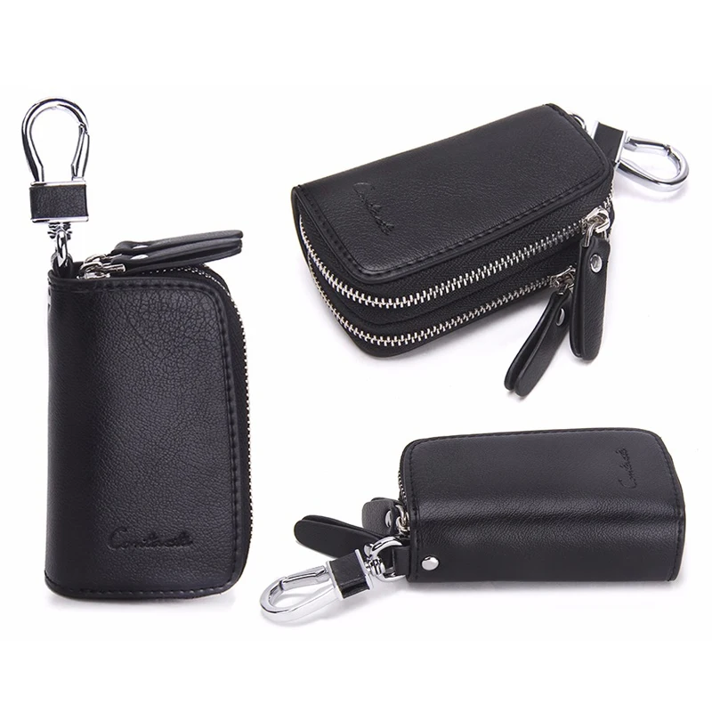 CONTACT'S Classic New Double Zip Men's Genuine Cow Leather Car Key Holder Multifunction Housekeeper  High Class Motor Key Case