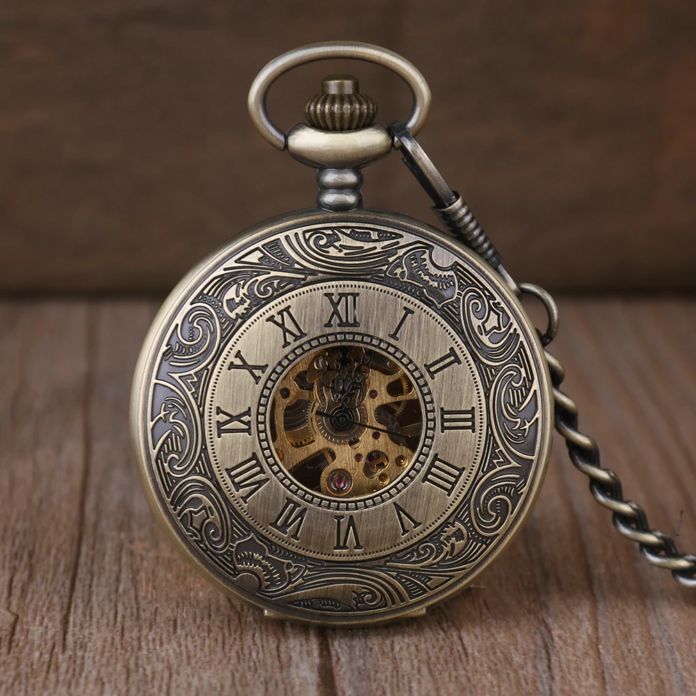 Antique Classic Digital Display Skull Handicraft Gentleman Mechanical Pocket Watch Vintage Steampunk Manual Winding Chain Clock