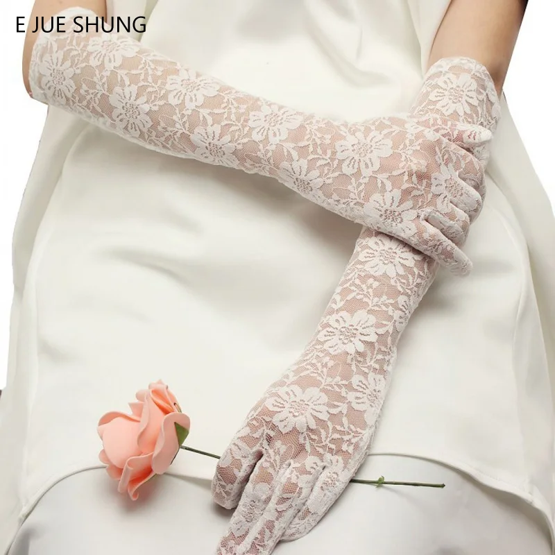 E JUE SHUNG In Stock White Lace Bridal Gloves Elbow Length Full Finger Wedding Gloves Cheap Wedding Accessories Free Shipping