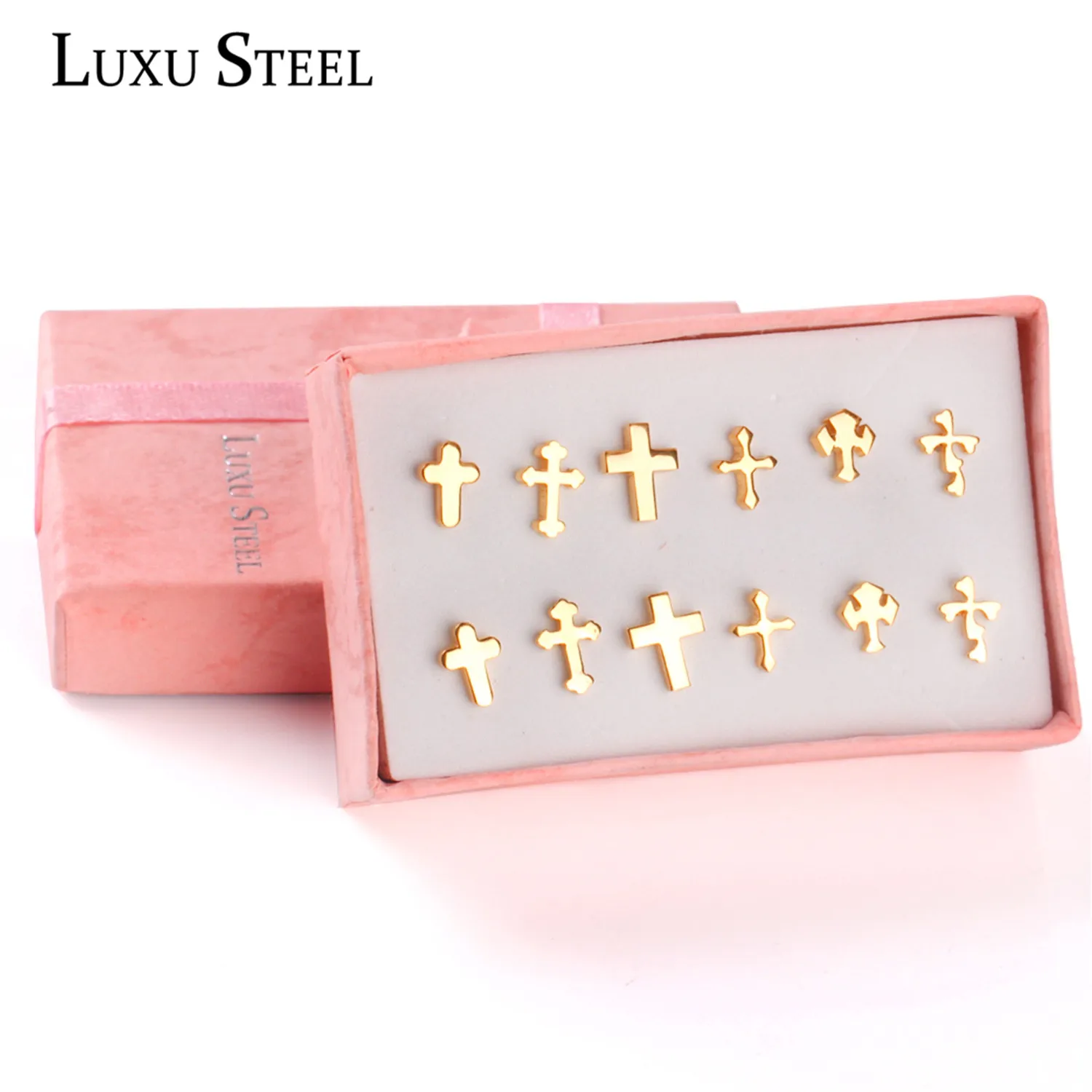 LUXUSTEEL Jesu Cross 6Pairs/Boxes Earring Sets Stainless Steel Stud Earring Jewelry Bijoux Party Collier