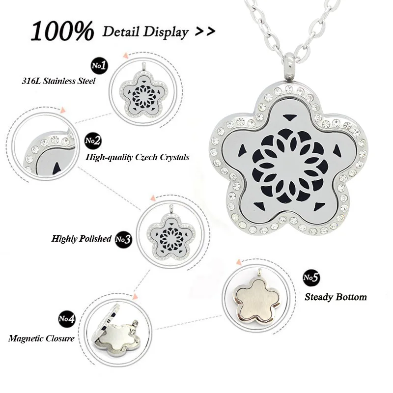 316L Stainless steel quincunx magnetic  perfume locket aromatherapy necklace with chain as gift