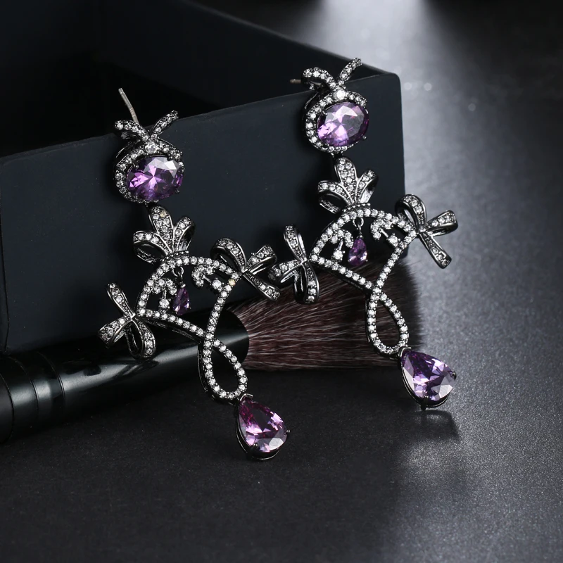 EMMAYA Fashion Luxurious Unique Micro Paved Blue Purple CZ Crystal Drop Earrings for Women Charming Wedding Jewelry