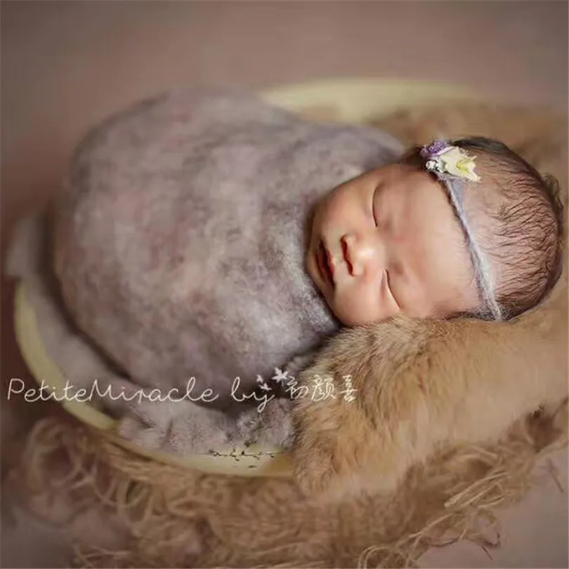 Newborn Photography Posing Wood Bowl Sturdy Wooden Bed Baby  Photography Props Newborn Natural Rabbit Fur Blanket