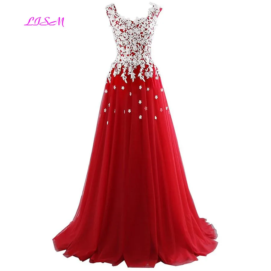 V-Neck Long Red Prom Dresses 2022 Sweet White Appliques Princess Dress Tulle 3d Flowers Evening Gowns Wedding Party Dress